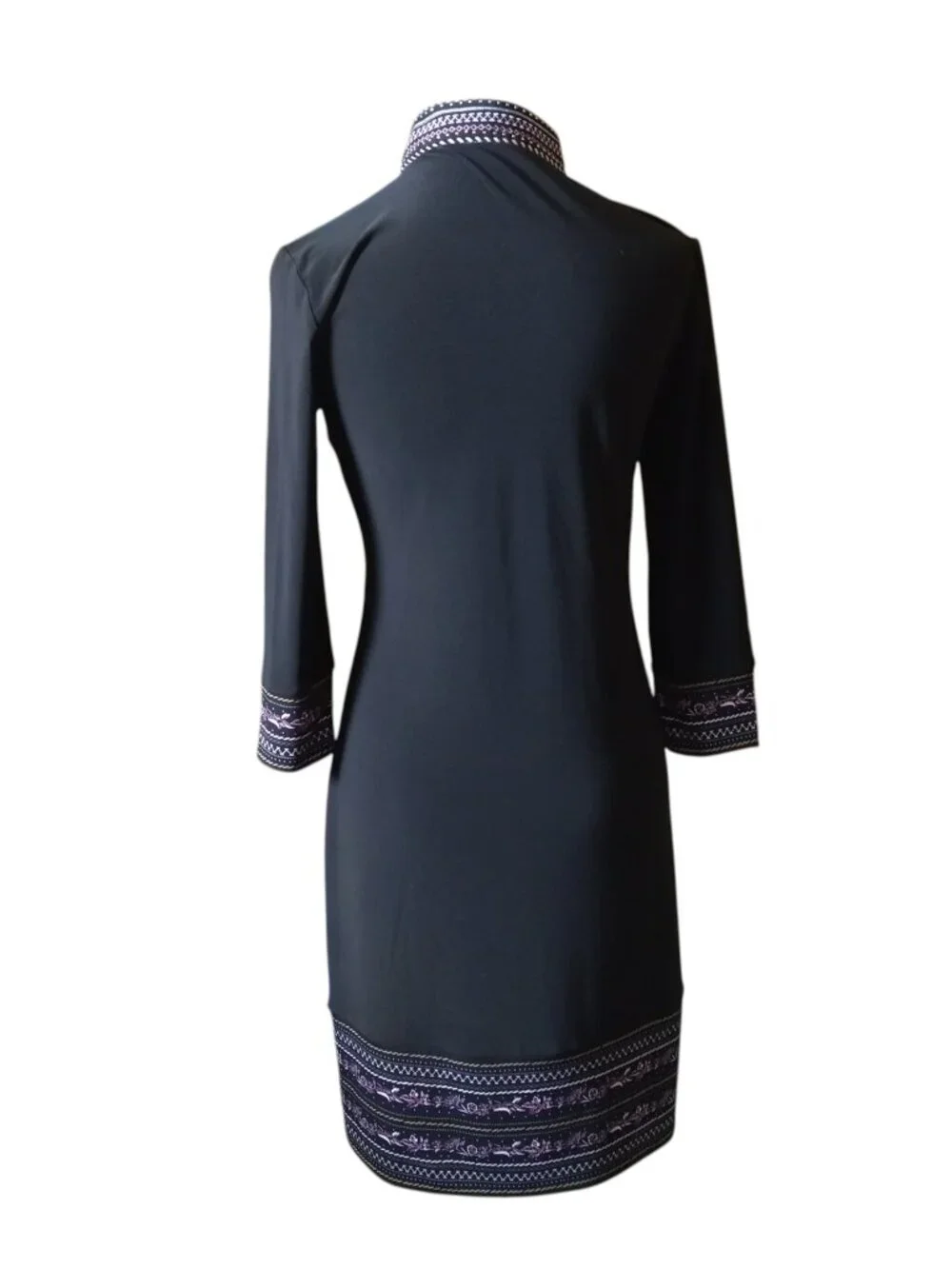 White House Black Market Black Beaded Neckline XS 3/4 Sleeve Dress Office Boho